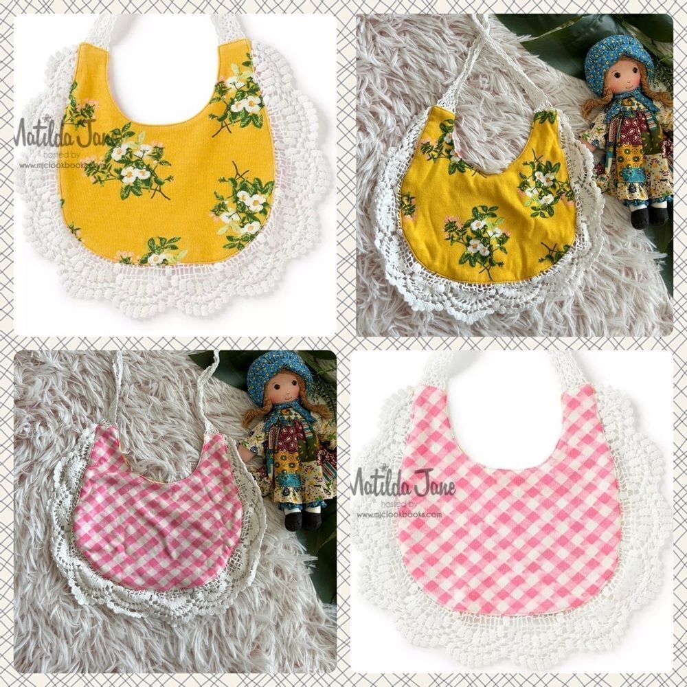 Matilda‎ Jane Pink Yellow Gingham Floral Lace Reversible Bib Cottage Shabby Chic